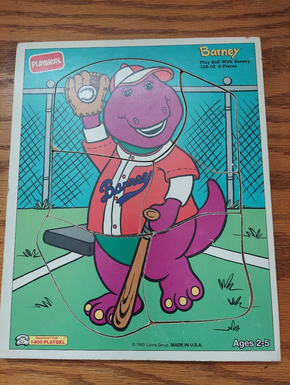 Playskool Play Ball With Barney Baseball 6-pc Vtg Wood Frame Tray Puzzle 1993